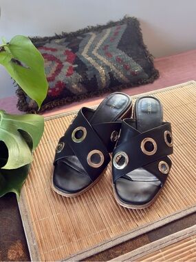Anthropologie Black Grommet Slide Sandals